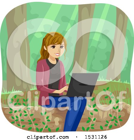Clipart of a Happy Young Woman Using a Laptop in the Woods - Royalty Free Vector Illustration by BNP Design Studio
