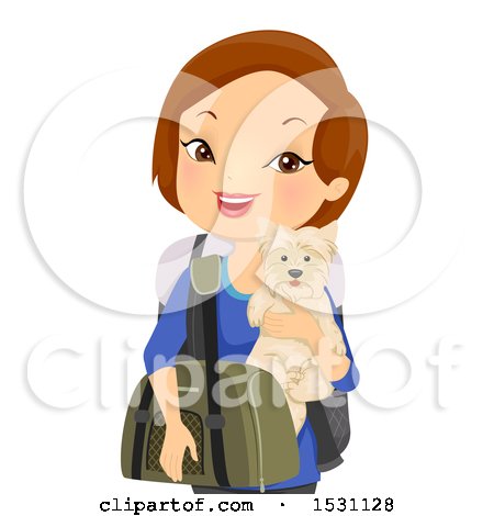 Clipart of a Happy White Woman Traveler Holding Her Dog - Royalty Free Vector Illustration by BNP Design Studio