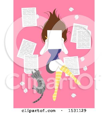 Clipart of a Female Author Writing a Journal or Story with Her Cat, on Pink - Royalty Free Vector Illustration by BNP Design Studio
