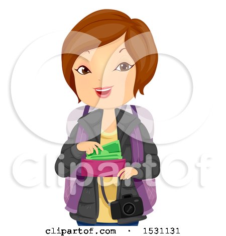 Clipart of a Happy Woman Traveler Getting Money from Her Wallet - Royalty Free Vector Illustration by BNP Design Studio