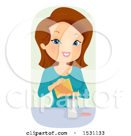 Clipart of a Happy White Woman Transfering a Boxed Product to a Jar - Royalty Free Vector Illustration by BNP Design Studio