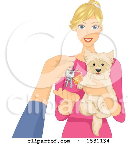 Clipart of a Pet Sitter Holding a Dog and Receiving Keys - Royalty Free Vector Illustration by BNP Design Studio