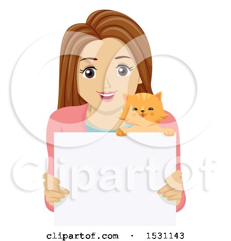 Clipart of a Teen Girl and Cat over a Blank Sign - Royalty Free Vector Illustration by BNP Design Studio