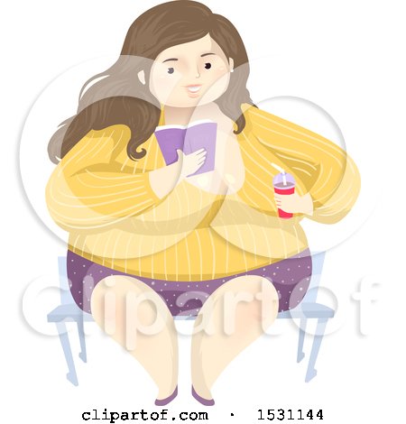 Clipart of a Happy Chubby Woman Holding a Soda and Reading a Book - Royalty Free Vector Illustration by BNP Design Studio