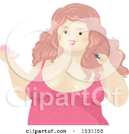 Clipart of a Happy Chubby Woman Applying Powder and Lipstick - Royalty Free Vector Illustration by BNP Design Studio