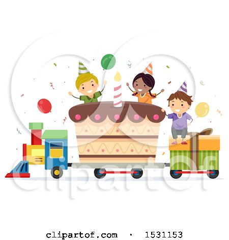 Clipart of a Group of Children Riding a Birthday Train - Royalty Free Vector Illustration by BNP Design Studio