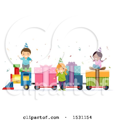 Clipart of a Group of Children Riding a Birthday Gift Train - Royalty Free Vector Illustration by BNP Design Studio
