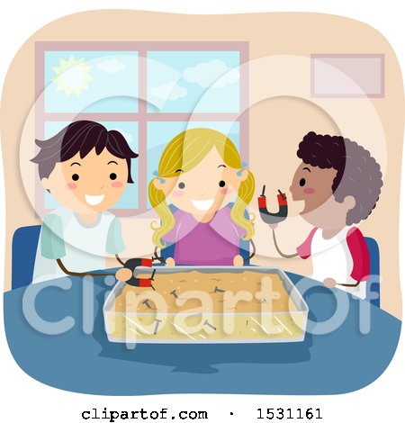 Clipart of a Group of Children Using Magnets to Pick Screws out of a Bin - Royalty Free Vector Illustration by BNP Design Studio