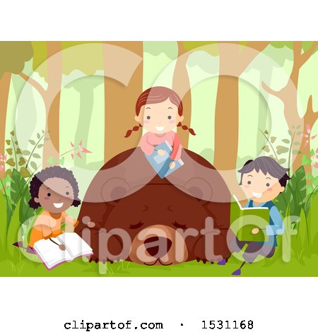 Clipart of a Group of Children Reading Books Around a Hibernating Bear - Royalty Free Vector Illustration by BNP Design Studio