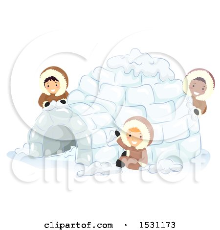 Clipart of a Group of Eskimo Children Making an Igloo - Royalty Free Vector Illustration by BNP Design Studio