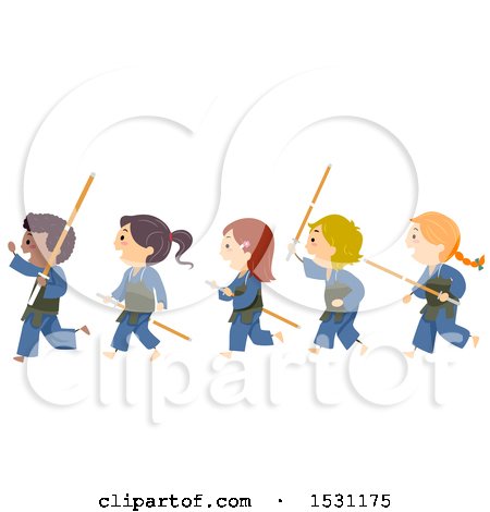 Clipart of a Group of Kendo Children Walking in Line - Royalty Free Vector Illustration by BNP Design Studio