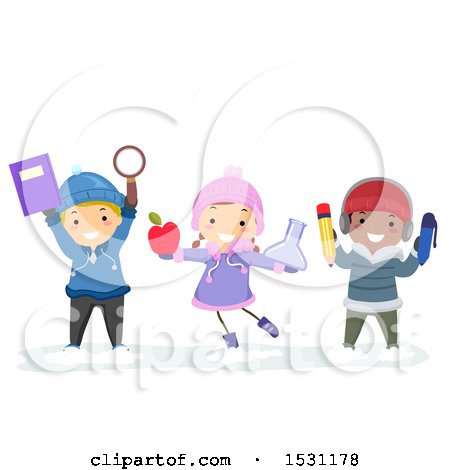 Clipart of a Group of Children Holding School Items in the Snow - Royalty Free Vector Illustration by BNP Design Studio