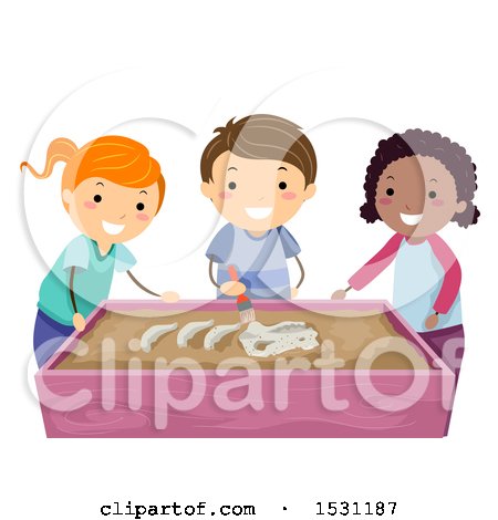 Clipart of a Group of Children Brushing a Dinosaur Fossil at a Sensory Table - Royalty Free Vector Illustration by BNP Design Studio