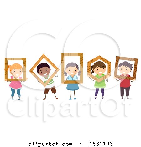 Clipart of a Group of Children Holding Wood Frames in Geometric Shapes - Royalty Free Vector Illustration by BNP Design Studio