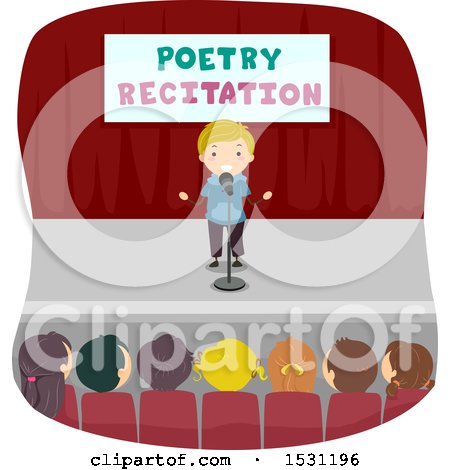 Clipart of a Group of Children in an Audience, Listening to a Boy Reciting Poetry - Royalty Free Vector Illustration by BNP Design Studio