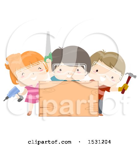 Clipart of a Group of Children Holding a Screwdriver, Hammer and Saw Around a Blank Wood Sign - Royalty Free Vector Illustration by BNP Design Studio