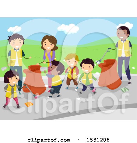 Clipart of a Group of Adults and Children Volunteering to Clean up Litter - Royalty Free Vector Illustration by BNP Design Studio