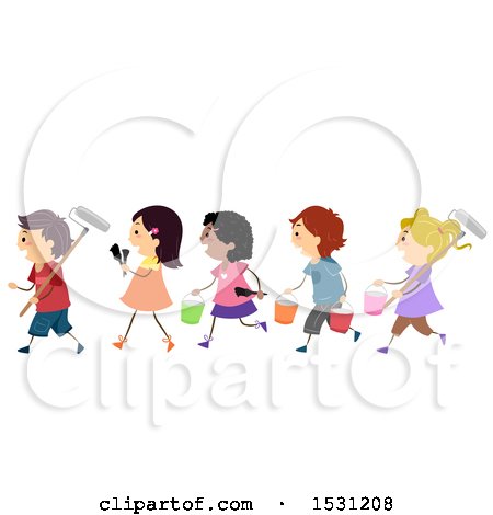 Clipart of a Group of Children Carrying Paint Brushes and Buckets - Royalty Free Vector Illustration by BNP Design Studio