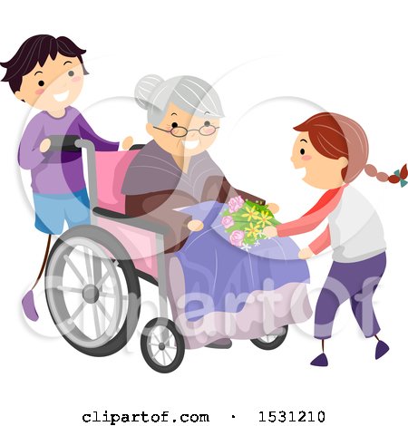 Clipart of a Boy and Girl Visiting a Senior Woman in a Wheelchair - Royalty Free Vector Illustration by BNP Design Studio