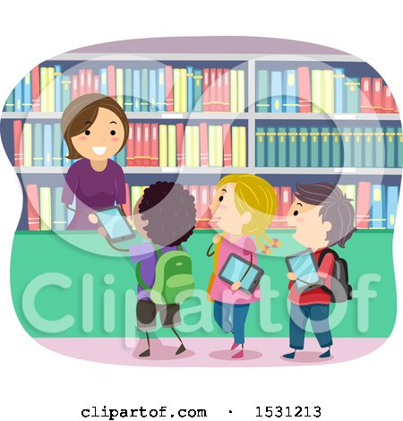 Clipart of a Group of Children Checking out E Books in a Library - Royalty Free Vector Illustration by BNP Design Studio