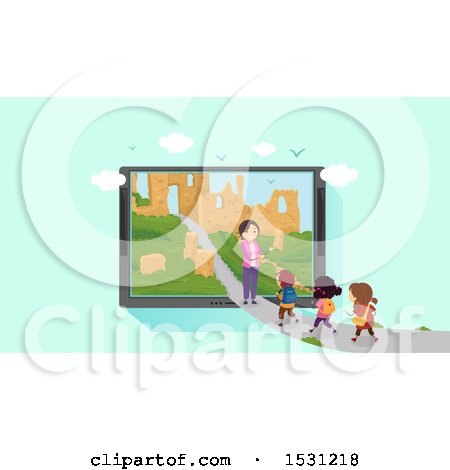 Clipart of a Group of Children Following a Teacher on a Path to Ruins in a Tablet Screen - Royalty Free Vector Illustration by BNP Design Studio