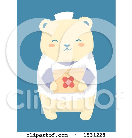 Clipart of a Cute Bear Nurse Holding a First Aid Kit, over Blue - Royalty Free Vector Illustration by BNP Design Studio