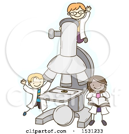 Clipart of a Sketched Group of Children Scientists Around a Giant Microscope - Royalty Free Vector Illustration by BNP Design Studio