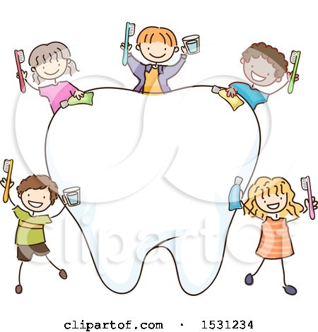 Clipart of a Sketched Group of Children with Dental Products Around a Tooth - Royalty Free Vector Illustration by BNP Design Studio