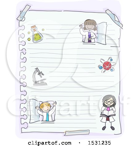 Clipart of a Sketched Group of Children Scientists on Ruled Paper - Royalty Free Vector Illustration by BNP Design Studio