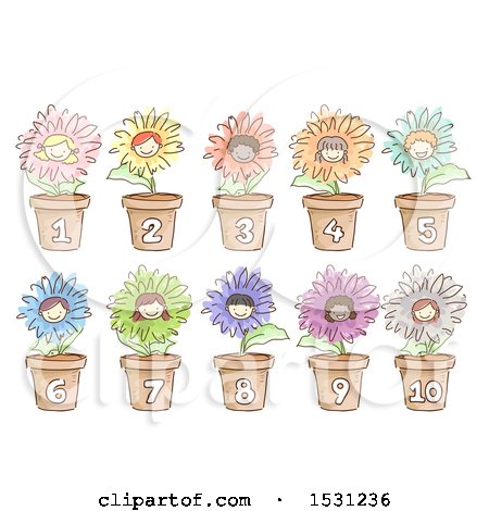 Clipart of Sketched Flowers with Child Faces and Numbered Pots - Royalty Free Vector Illustration by BNP Design Studio