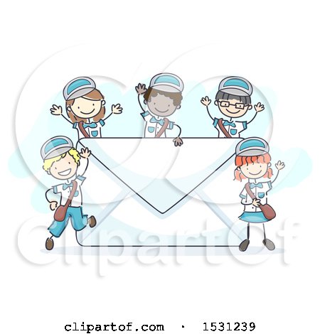 Clipart of a Sketched Group of Children in Postal Uniforms, Around an Envelope - Royalty Free Vector Illustration by BNP Design Studio