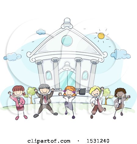 Clipart of a Sketched Group of Children in Business Clothes in Front of a Bank - Royalty Free Vector Illustration by BNP Design Studio