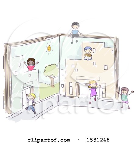 Clipart of a Sketched Group of Children Playing in Book Buildings - Royalty Free Vector Illustration by BNP Design Studio