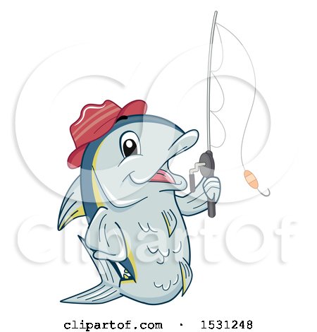 Clipart of a Tuna Fish Mascot Wearing a Hat and Holding a Fishing Pole - Royalty Free Vector Illustration by BNP Design Studio