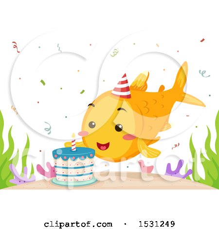 Clipart of a Birthday Fish by a Cake - Royalty Free Vector Illustration by BNP Design Studio