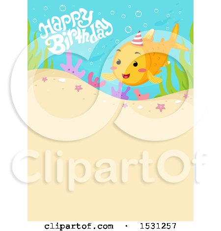 Clipart of a Happy Birthday Greeting and Fish over Sand - Royalty Free Vector Illustration by BNP Design Studio