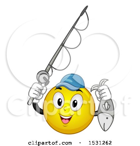 Clipart of a Yellow Emoji Smiley Holding a Fishing Pole and Fish - Royalty Free Vector Illustration by BNP Design Studio