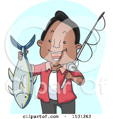 Clipart of a Happy Man Holding a Fishing Pole and a Tuna - Royalty Free Vector Illustration by BNP Design Studio