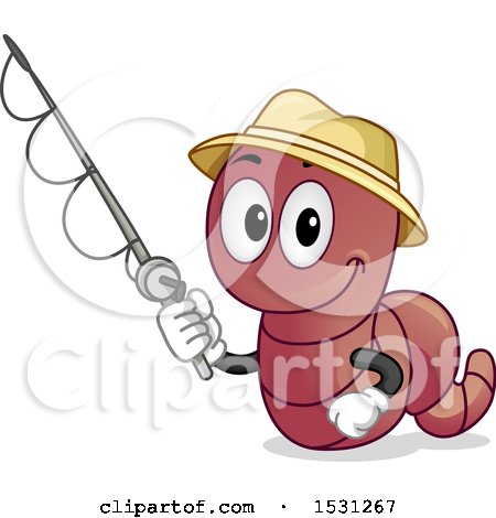 Clipart of a Happy Worm Wearing a Hat and Holding a Fishing Pole - Royalty Free Vector Illustration by BNP Design Studio