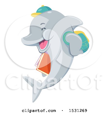 Clipart of a Dolphin Student with a Backpack and Books - Royalty Free Vector Illustration by BNP Design Studio