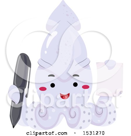 Clipart of a Squid Character Holding a Piece of Paper and a Pen - Royalty Free Vector Illustration by BNP Design Studio