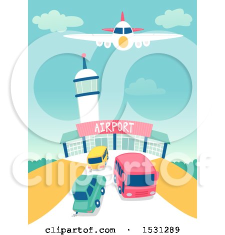 Clipart of a Bus and Cars Leaving an Airport - Royalty Free Vector Illustration by BNP Design Studio