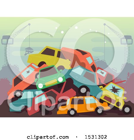 Clipart of a Pile of Cars in a Wrecking Yard - Royalty Free Vector Illustration by BNP Design Studio