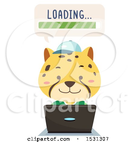 Clipart of a Cheetah Student Using a Laptop and Waiting for Something to Load - Royalty Free Vector Illustration by BNP Design Studio