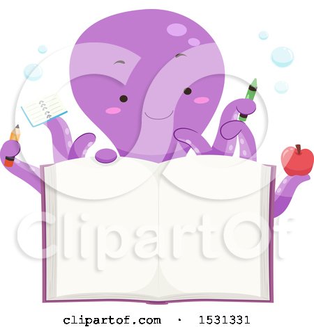 Clipart of a Purple Octopus Holding School Items over an Open Book - Royalty Free Vector Illustration by BNP Design Studio