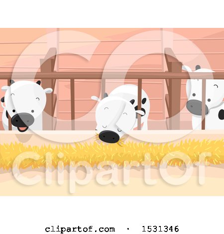 Clipart of a Group of Cows Eating Hay Inside a Barn - Royalty Free Vector Illustration by BNP Design Studio