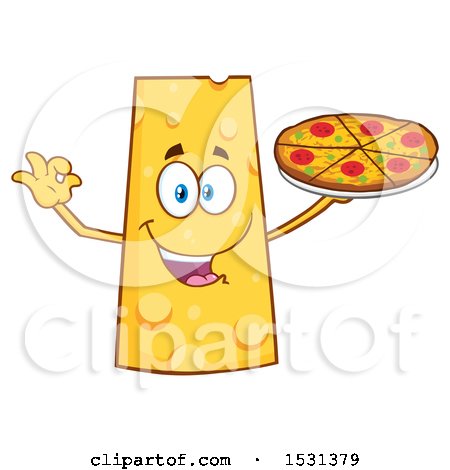 Clipart of a Cheese Character Mascot Holding a Pizza - Royalty Free Vector Illustration by Hit Toon
