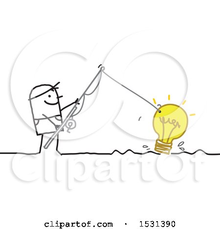Clipart of a Stick Man Reeling in a Light Bulb with a Fishing Pole - Royalty Free Vector Illustration by NL shop