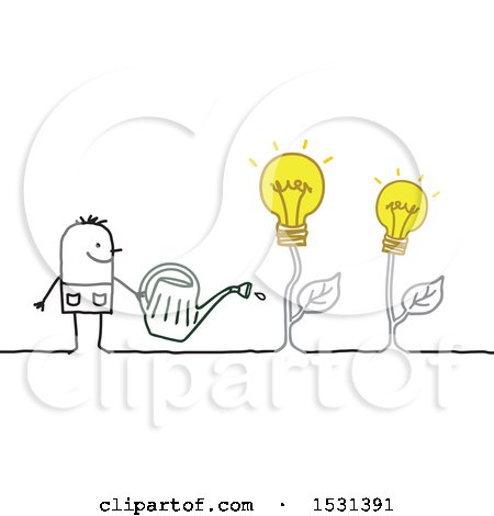 Clipart of a Stick Man Watering Idea Light Bulb Plants - Royalty Free Vector Illustration by NL shop