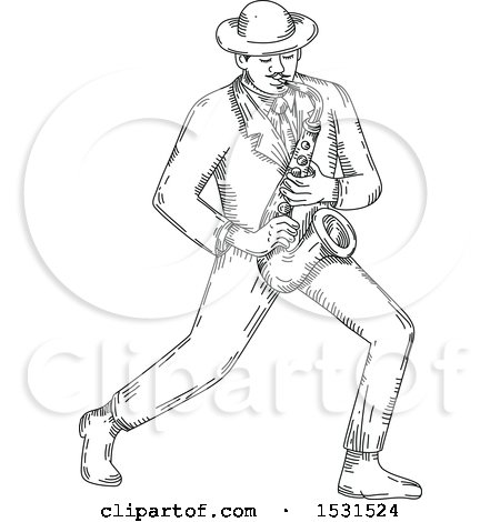 Clipart of a Sketched Jazz Musician Playing a Saxophone - Royalty Free Vector Illustration by patrimonio